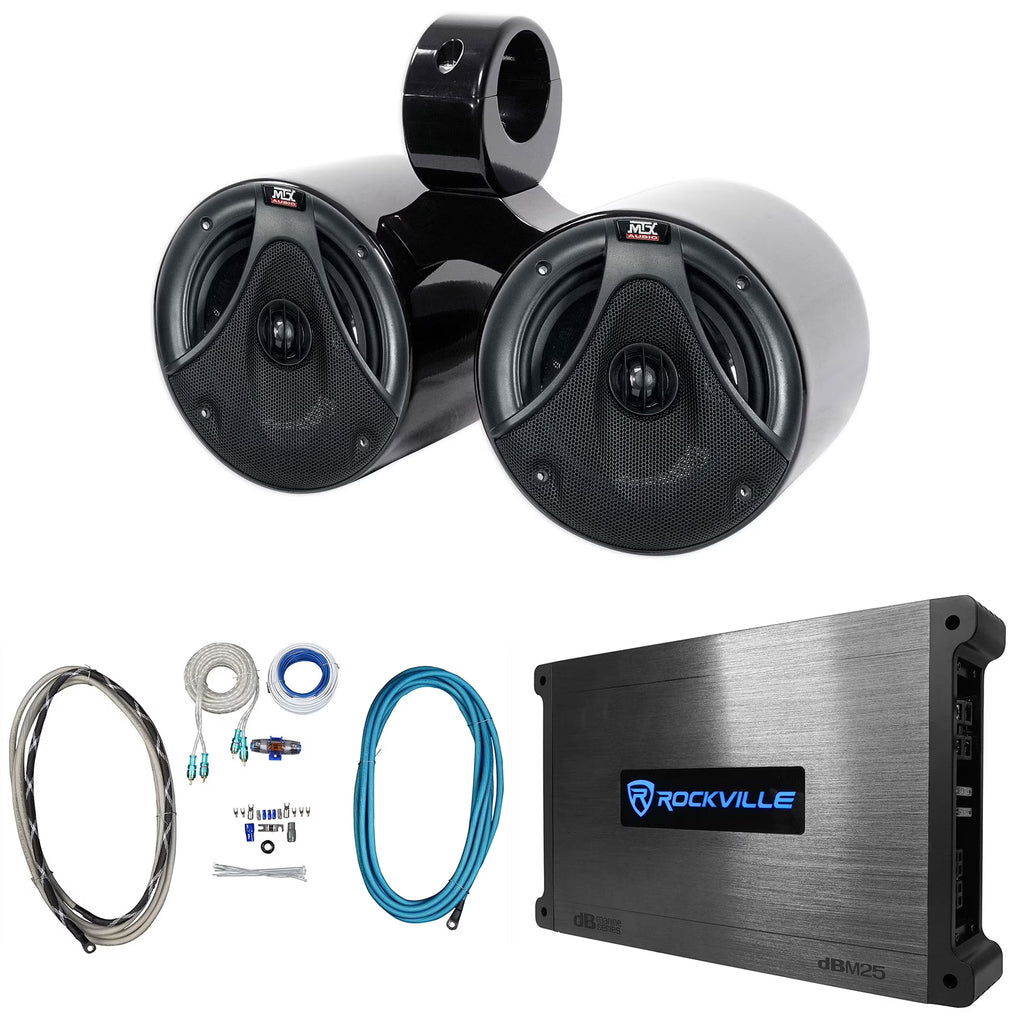 Black Marine Boat Wakeboard Tower Speakers with Amplifier and Wires L849