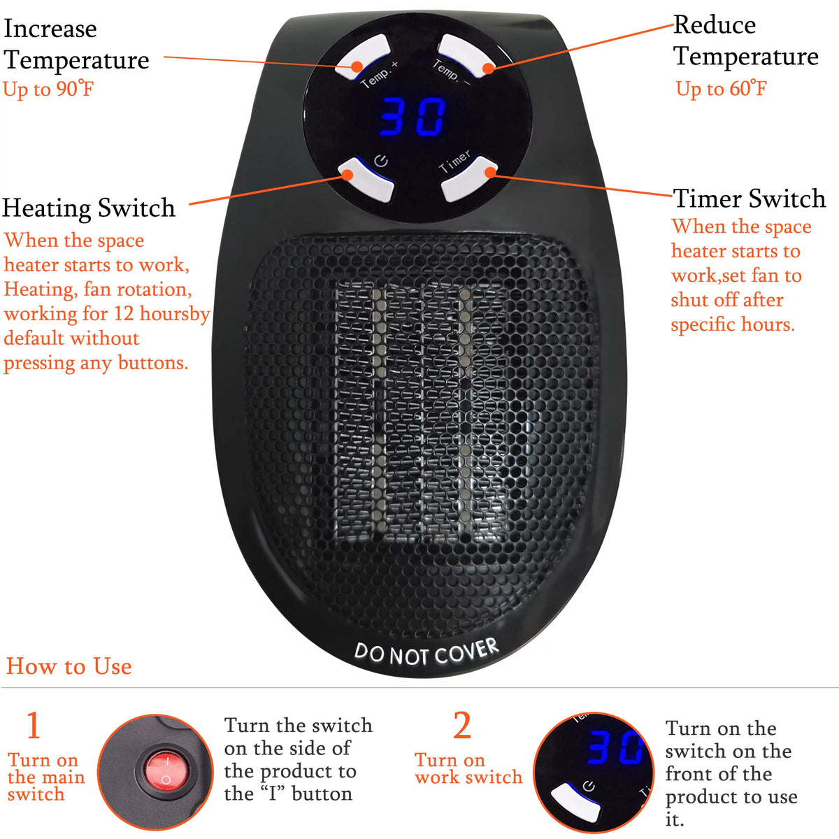 Wall Outlet Electric Space Heater with Adjustable Thermostat M33841