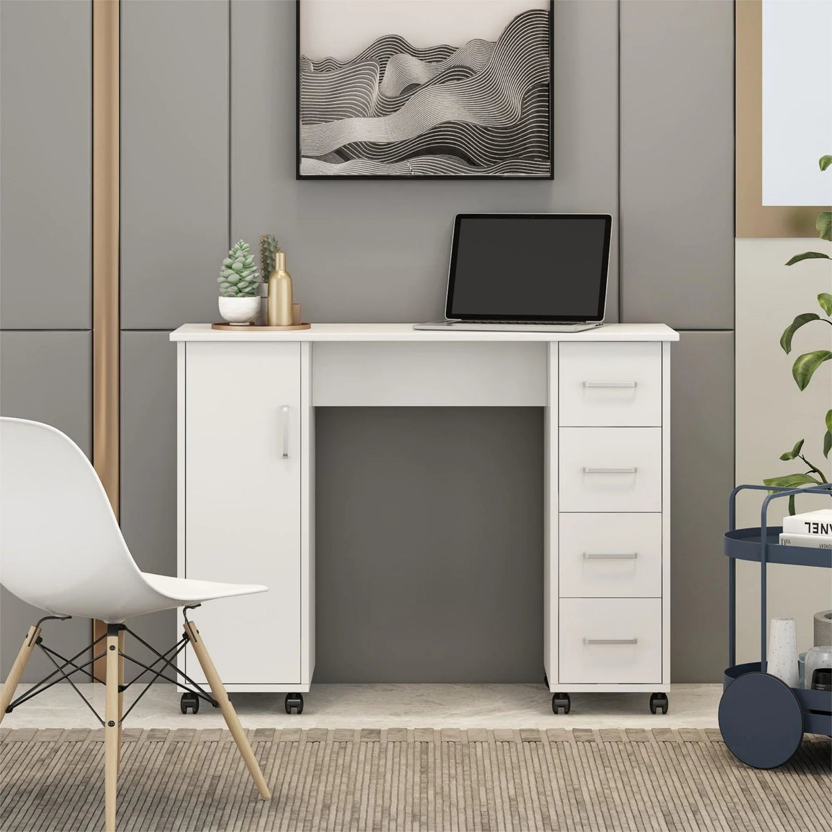White Computer Desk with Drawers and Locker X290