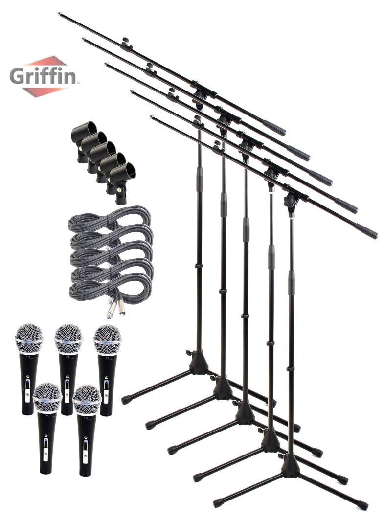 Telescoping Microphone Stand Package with Vocal Unidirectional Mics and XLR Cables (5 Pack) D56736