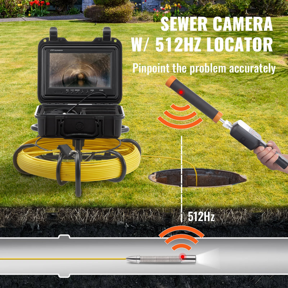 Sewer Camera Pipe Inspection Camera with 512hz Sonde 9in 720p Screen 164 ft P4851
