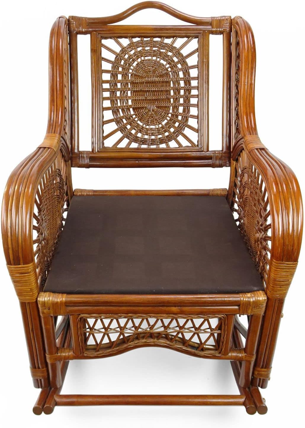 Natural Rattan Set of 2 Rocking Lounge Chairs with Light Brown Cushions and Round Coffee Table with Glass W138