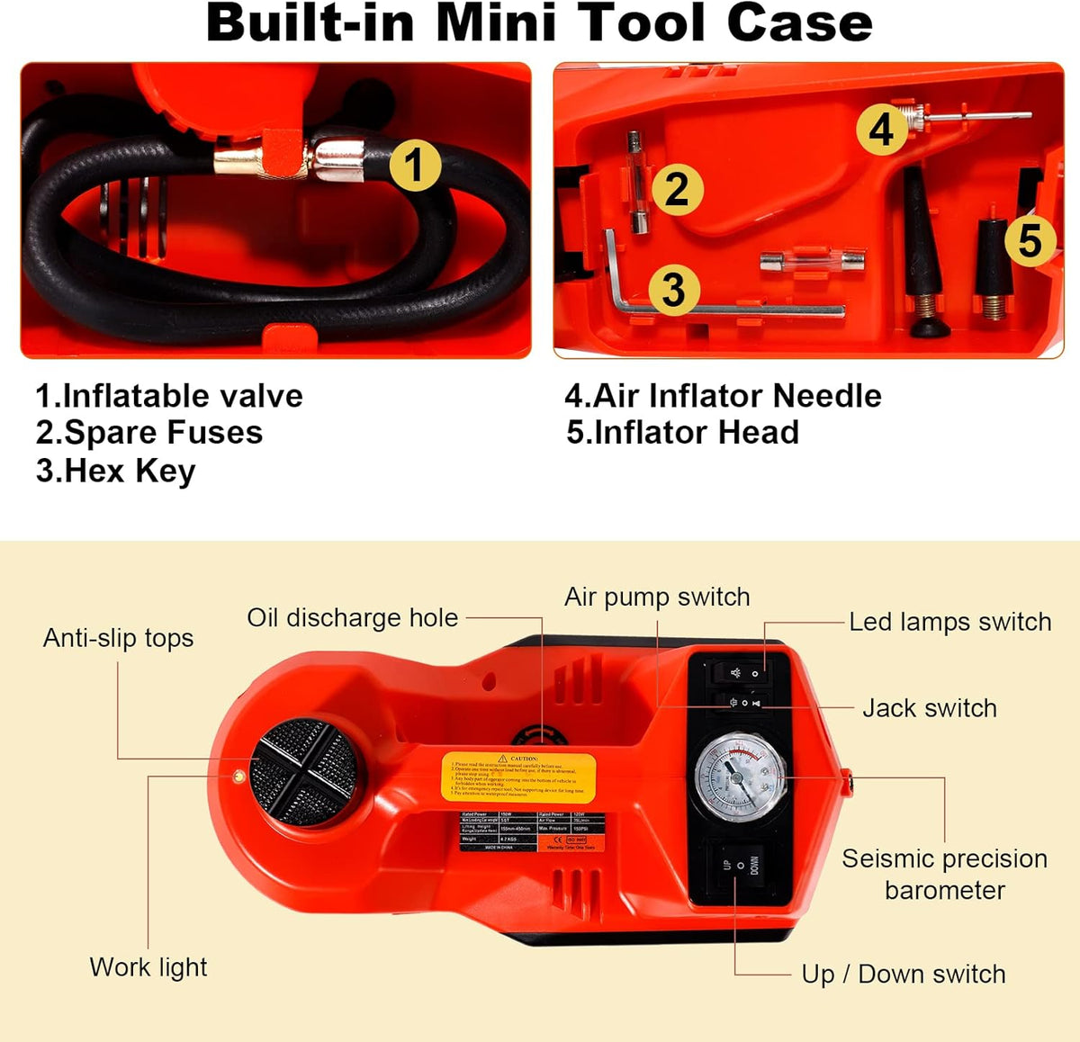 Electric Hydraulic Car Jack 5 Ton with Tire Inflator Pump and Electric Wrench B887480