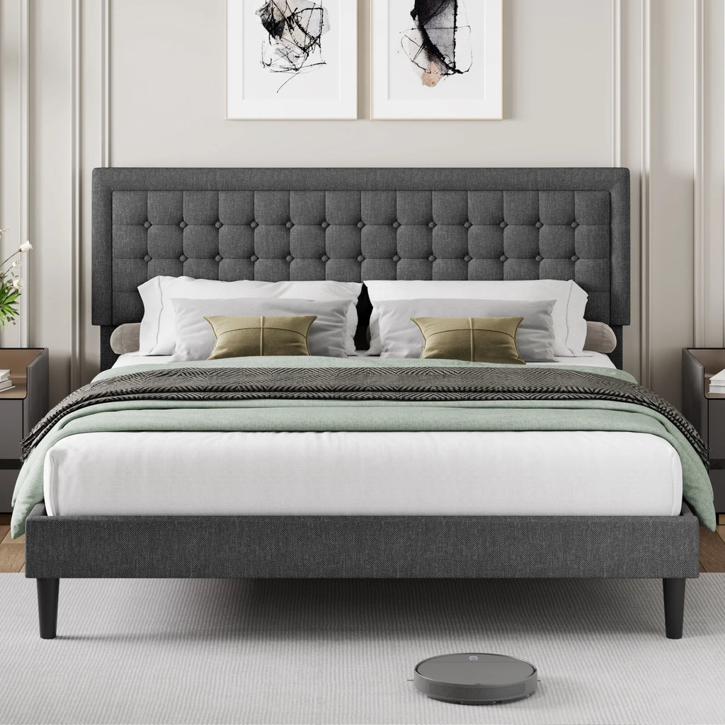 King Size Gray Linen Fabric Upholstered Bed Frame J7616