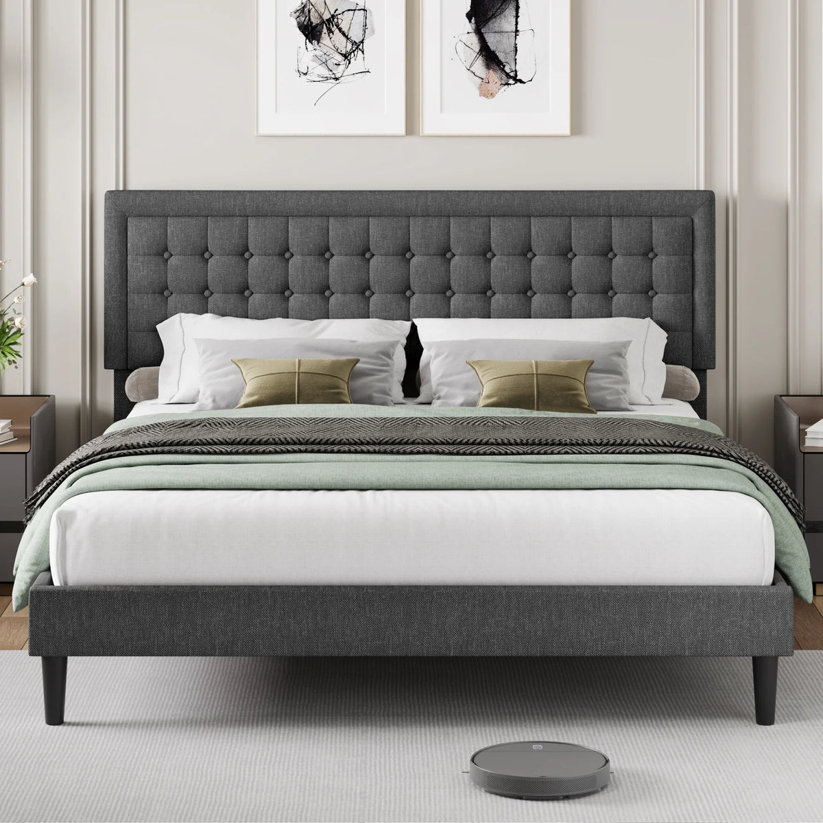 King Size Gray Linen Fabric Upholstered Bed Frame J7616