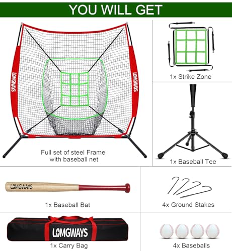7'x7' Portable Baseball Net Set with Tee, Bat, Balls, Strike Zone, Carrying Bag D5799