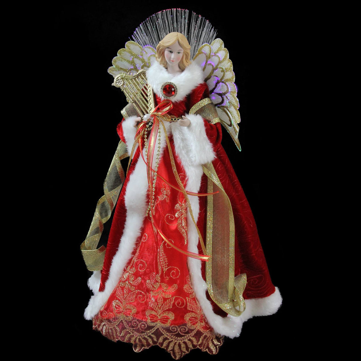 16x22 Lighted Fiber Optic Angel in Garnet Red Coat with Harp Christmas Tree Topper J953