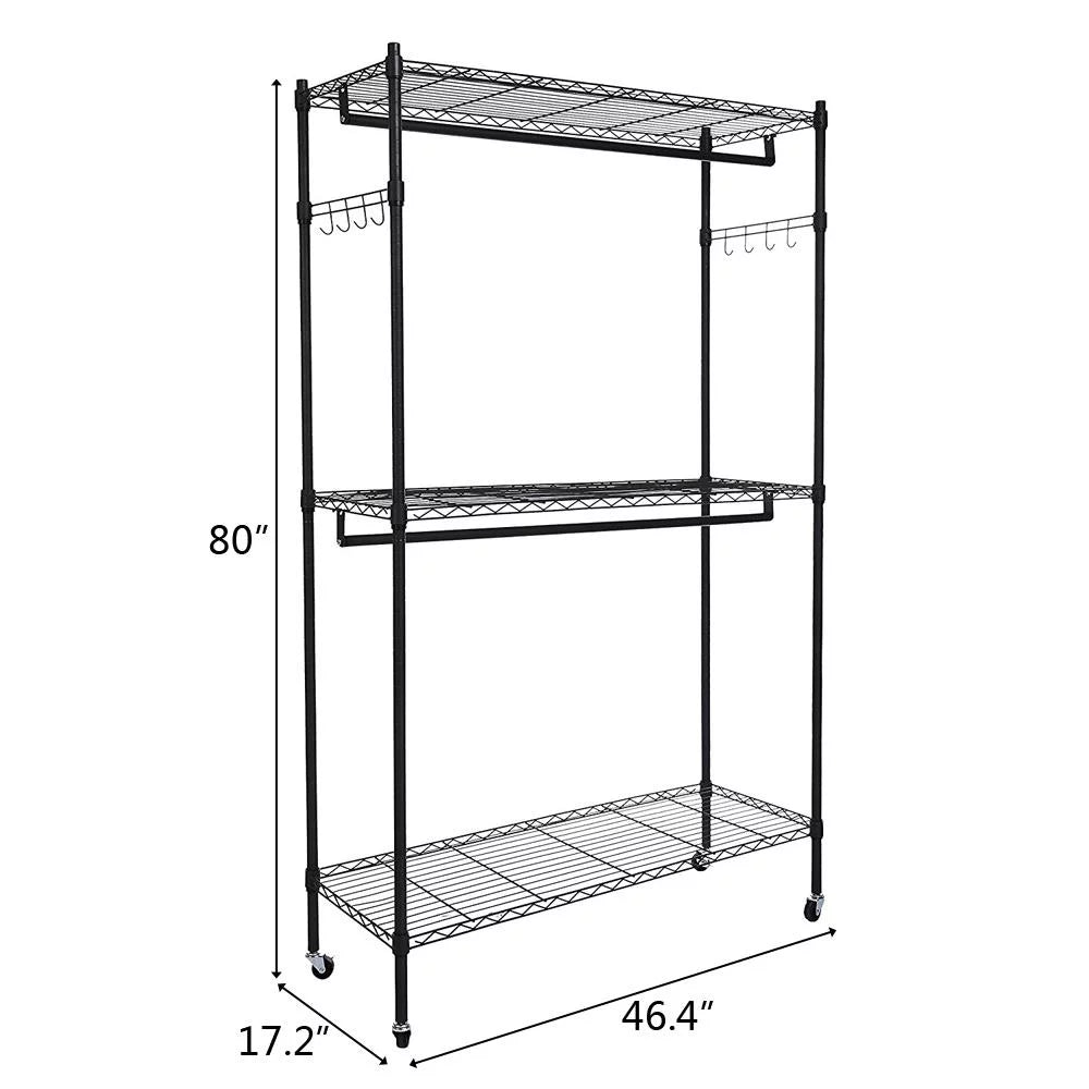 Portable Double Rod Garment Rack with Adjustable Shelves & Wheels Black P822