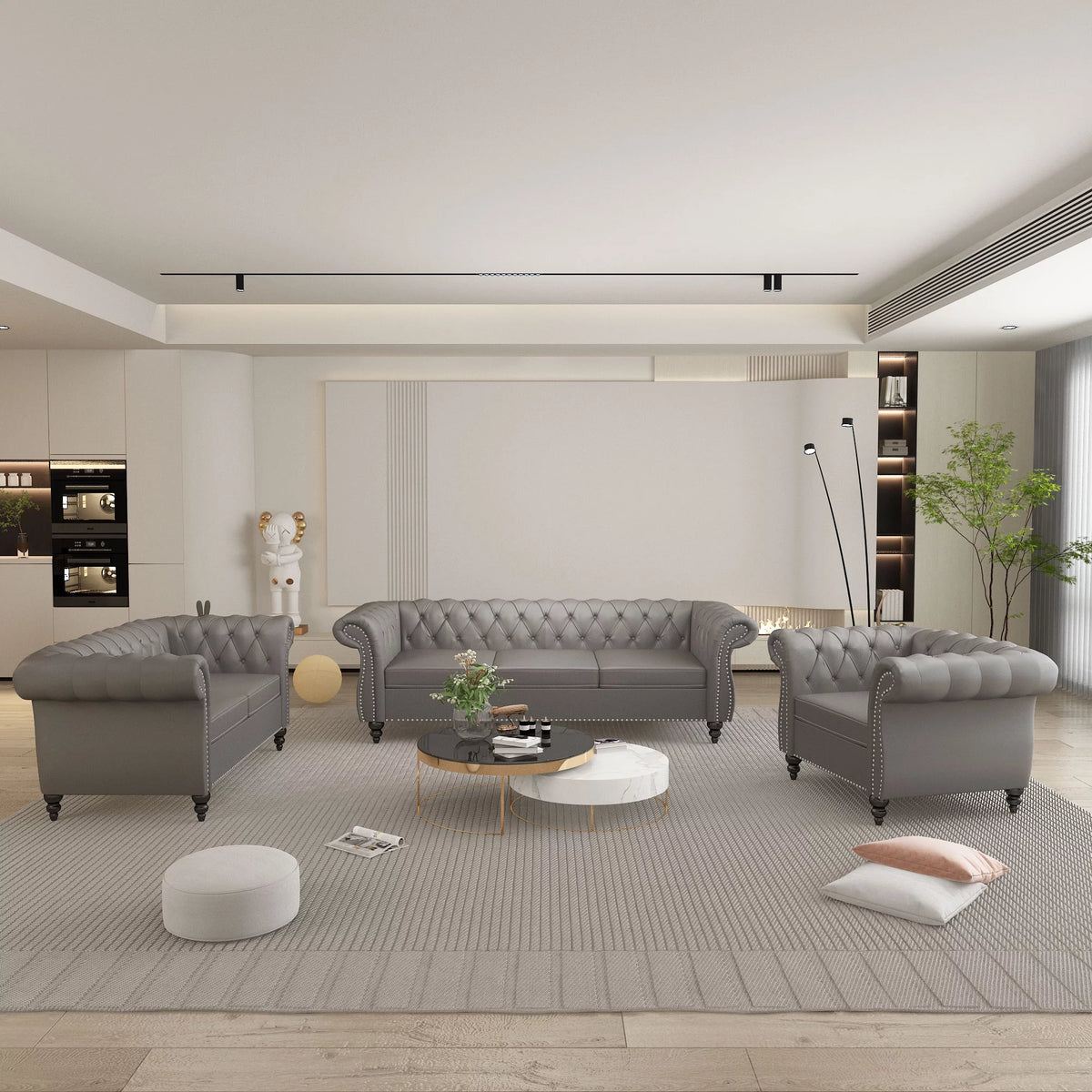 Gray 3 Piece Faux Leather Sofa Set Q314450