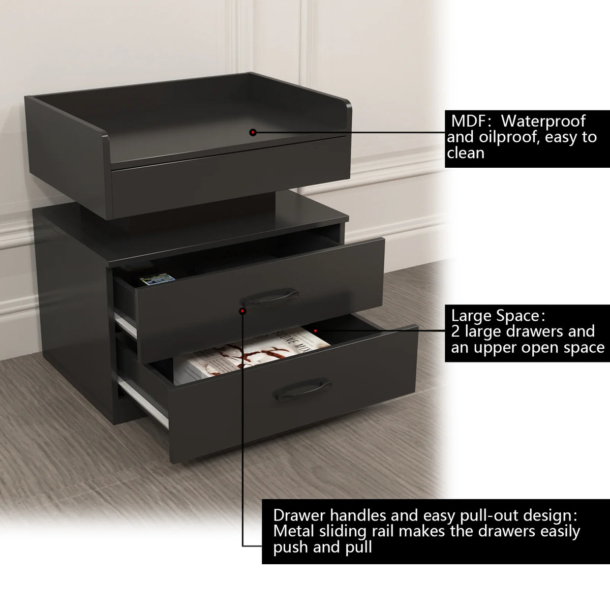 Black Wood Nightstand with Charging Station and 2 Drawers X908