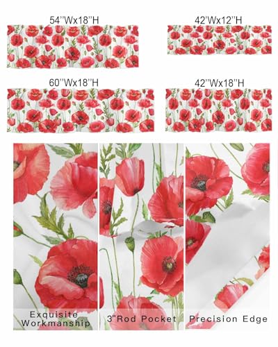 Watercolor Red Poppy Flower White Short Kitchen Curtains 54x18IN H1692