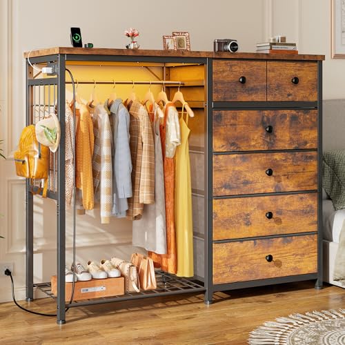 Black 6 Drawer Fabric Dresser with Hanging Rack H5430