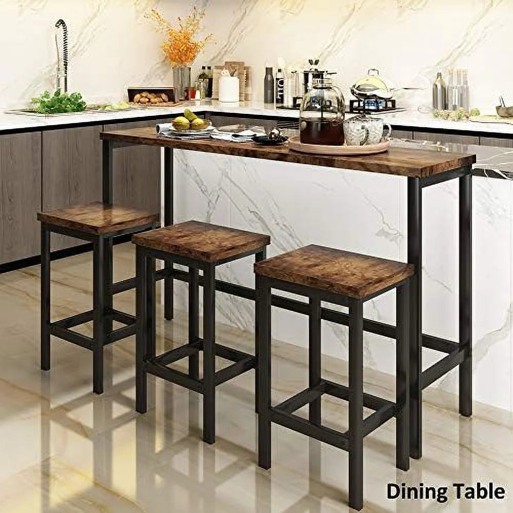 4-Piece Wooden Counter Height Dining Table Set with 3 Stools C140345