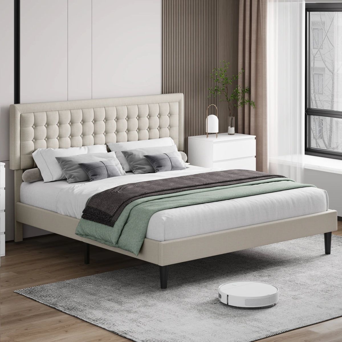 King Size Gray Linen Fabric Upholstered Bed Frame J7616