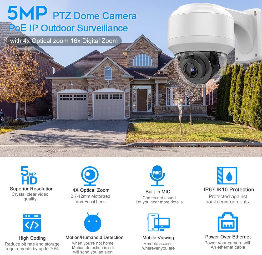 5MP PTZ PoE Dome IP Camera with Mic/Audio, 4X Optical Zoom, 164ft Night Vision, IP67 Waterproof H891