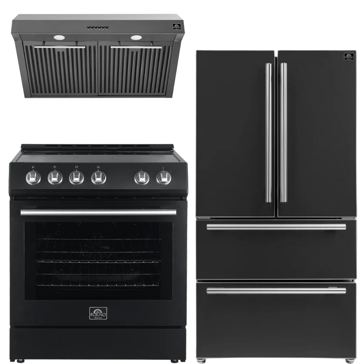 30 Electric Range, Range Hood and Refrigerator in Black with Silver Handles G244