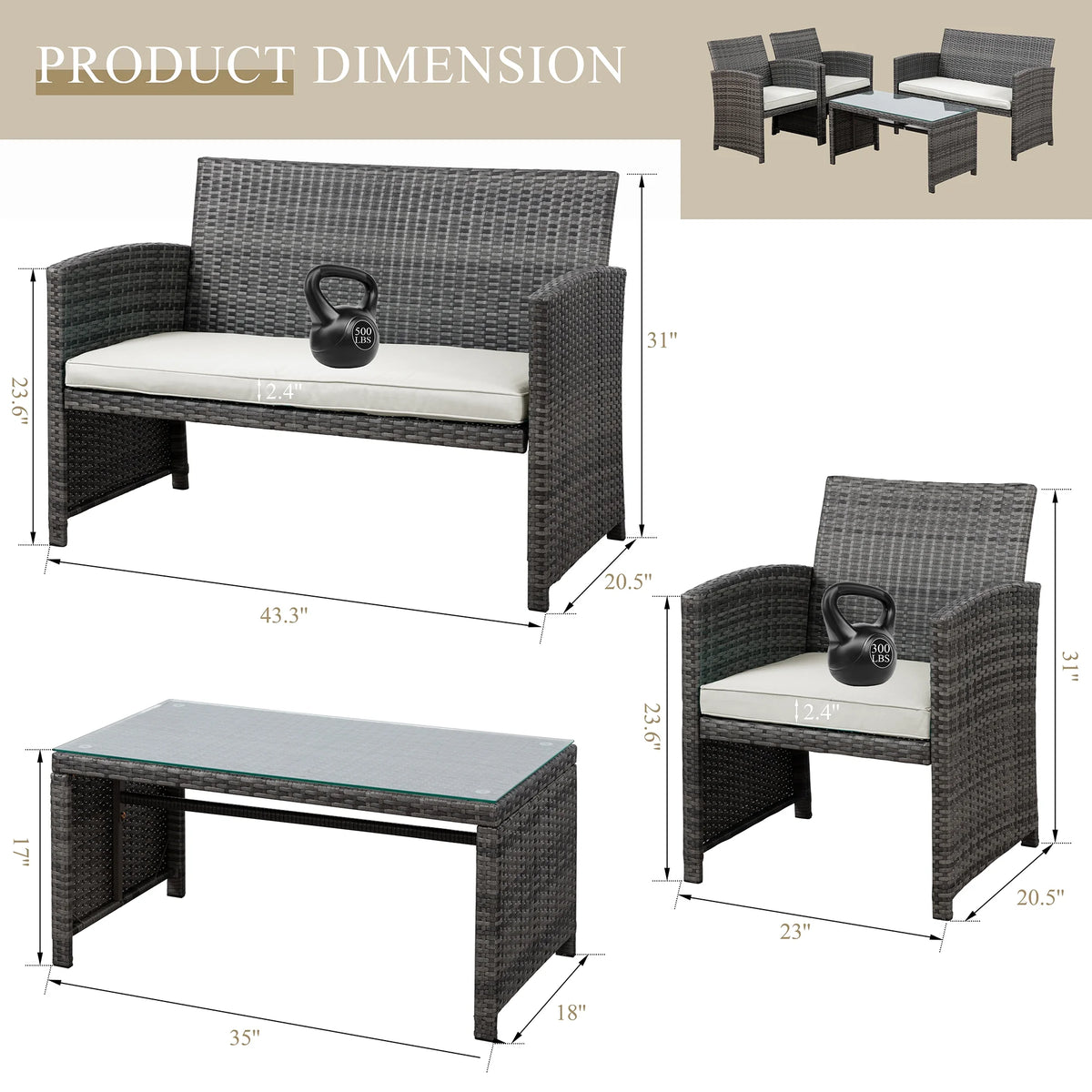 4 Piece Wicker Patio Furniture Set with Cushions D9075