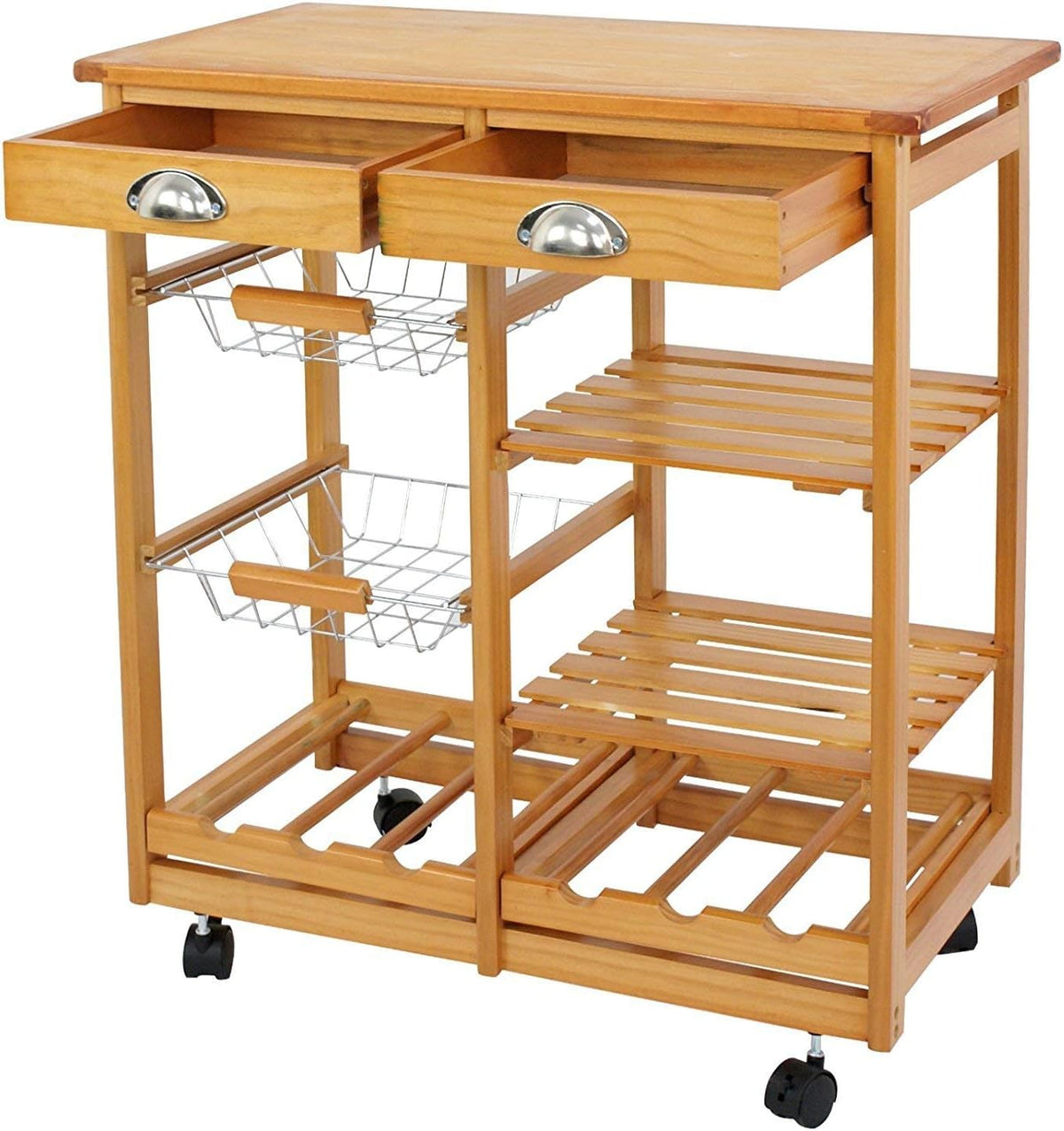 Wood Rolling Kitchen Island Storage Cart with Drawer Shelves Basket M4683