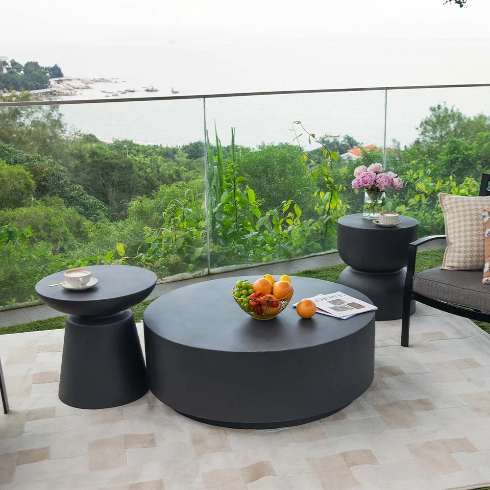 Slate Black Round Coffee Table End Table Set of 3 L9114