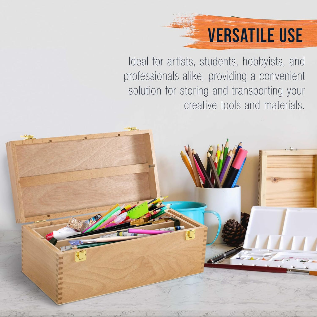 Unfinished Beechwood Artist Tool Storage Box with Removable Tray & Locking Clasps O56595