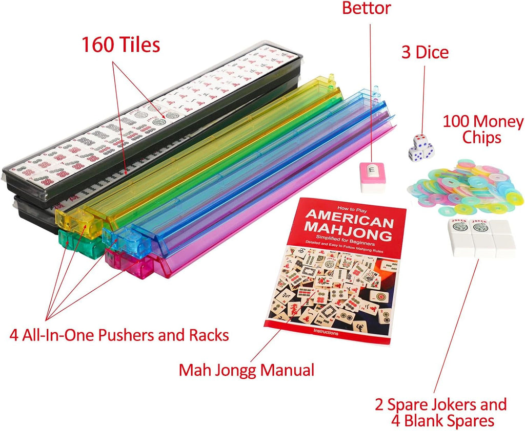 166 White Tiles Mahjong Set with Green Bag and Rack Pushers N861