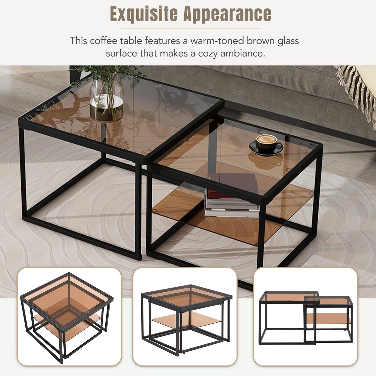 Brown Tempered Glass Coffee Table Set with Metal Frame Z7158