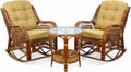 Natural Rattan Set of 2 Rocking Lounge Chairs with Light Brown Cushions and Round Coffee Table with Glass W138