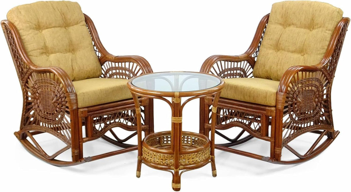 Natural Rattan Set of 2 Rocking Lounge Chairs with Light Brown Cushions and Round Coffee Table with Glass W138