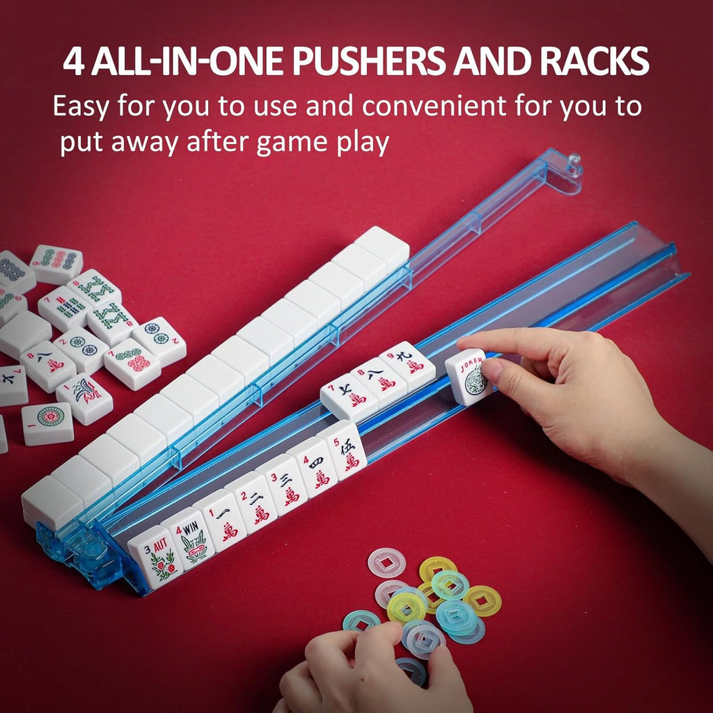 166 White Tiles Mahjong Set with Green Bag and Rack Pushers N861