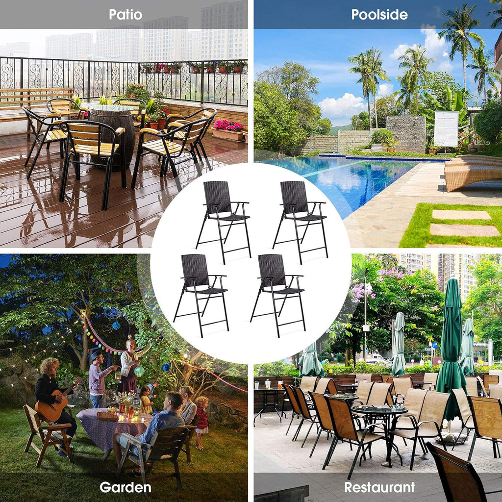 Set of 4 Folding Wicker Rattan Bar Stools with Back O379
