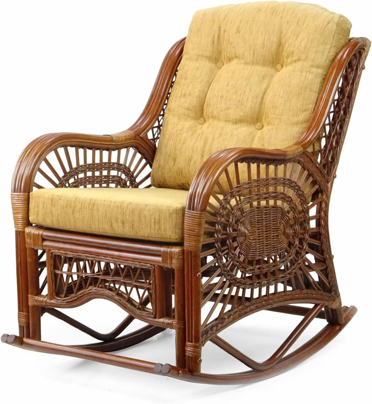 Natural Rattan Set of 2 Rocking Lounge Chairs with Light Brown Cushions and Round Coffee Table with Glass W138