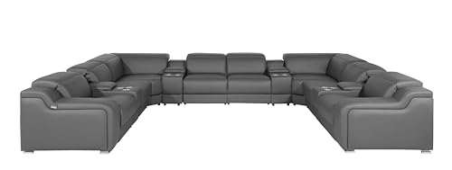 12-Piece Italian Leather Sectional Sofa Set with 4 Recliners, Light Gray S4759