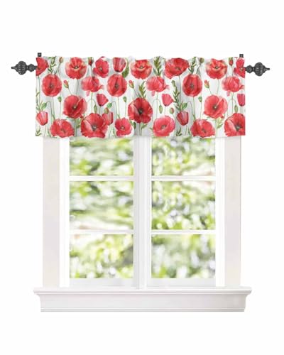 Watercolor Red Poppy Flower White Short Kitchen Curtains 54x18IN H1692