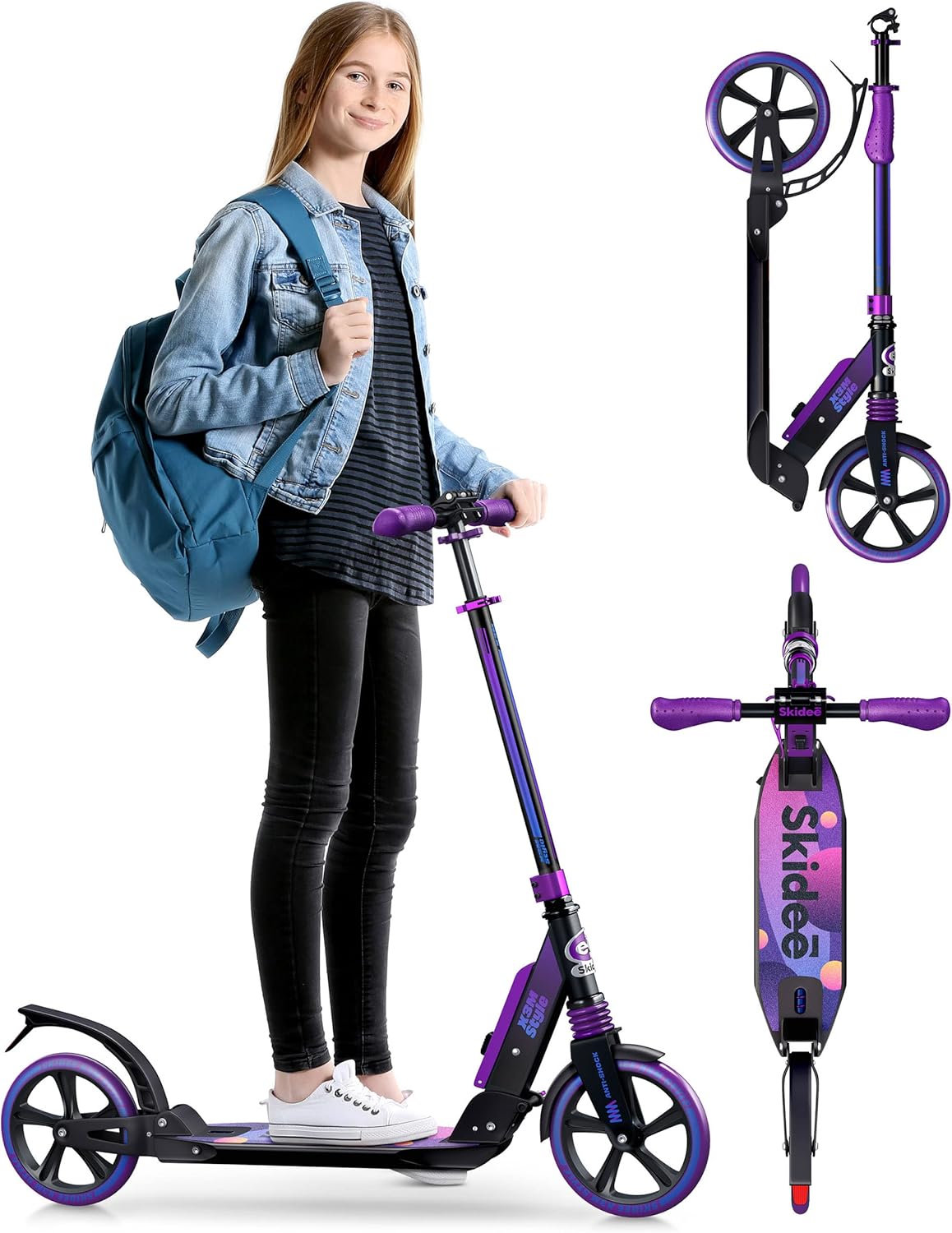 Scooter with Anti-Shock Suspension, 4 Adjustment Levels Handlebar Up to 41 Inches High B3734