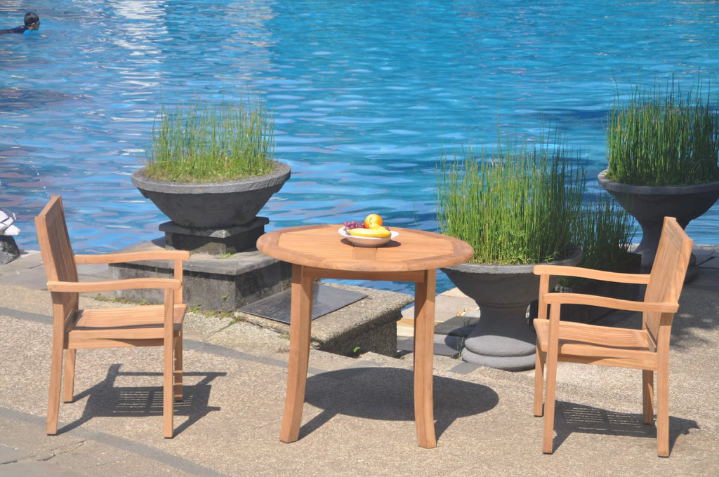 Grade-A Teak 3 Pc Dining Set with 36" Round Table and 2 Stacking Arm Chairs H635001