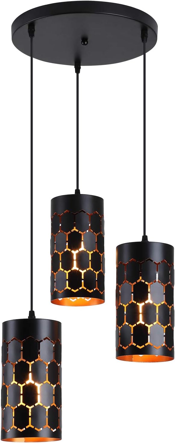 3-Light Kitchen Island Pendant Light Fixture, Gold Inner and Black V410