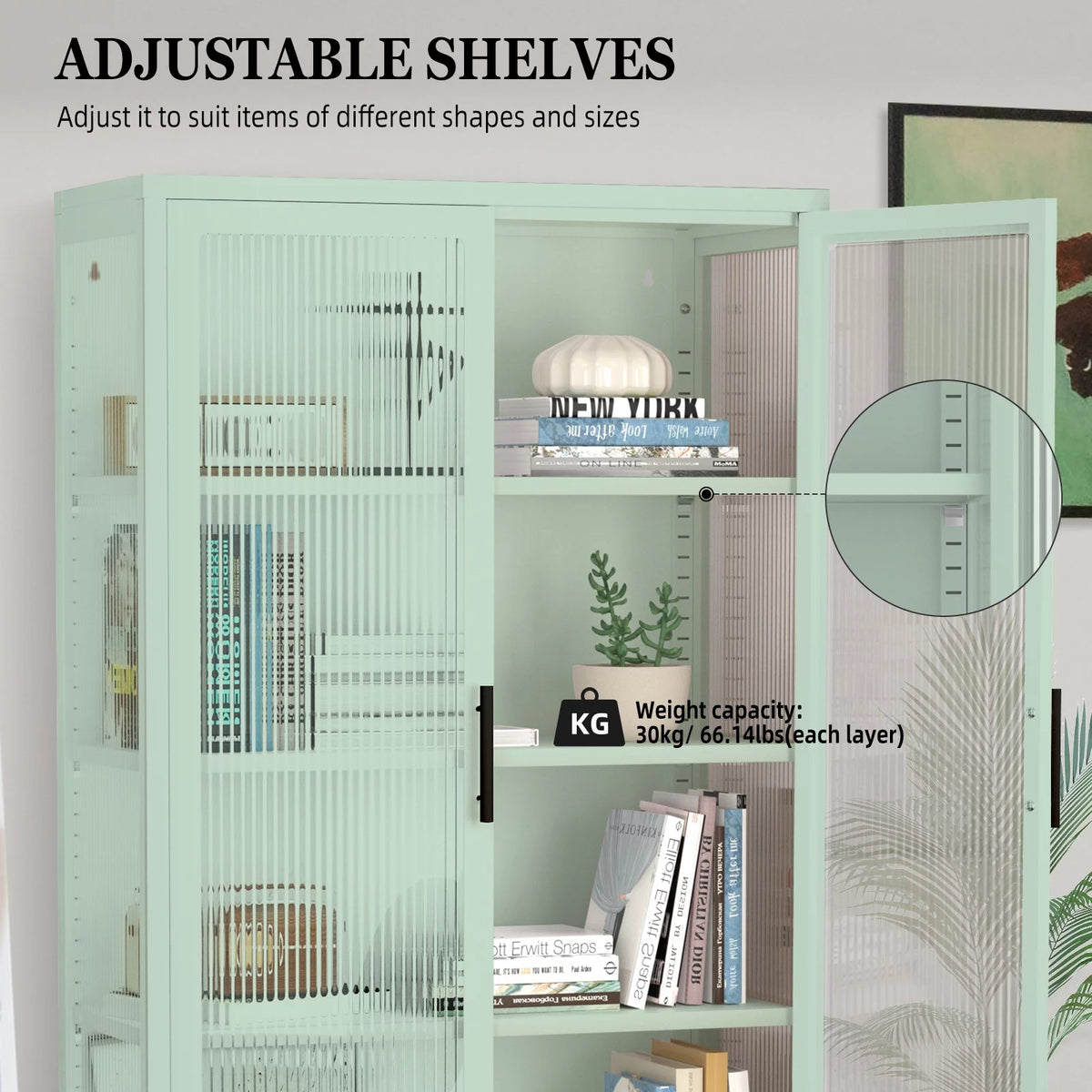 Mint green Double Glass Door Adjustable Shelves Cold-Rolled Steel Storage Cabinet N931914