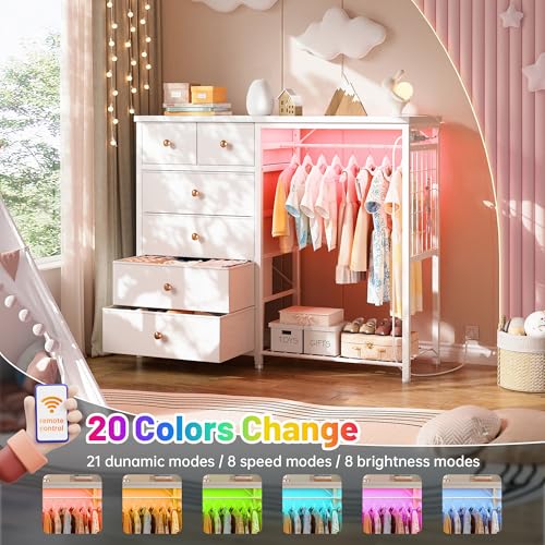 Black 6 Drawer Fabric Dresser with Hanging Rack H5430