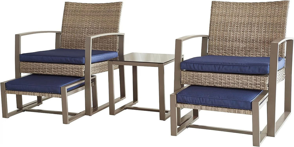 Blue 5 Piece PE Wicker Rattan Outdoor Bistro Set with Tempered Glass Coffee Table S678