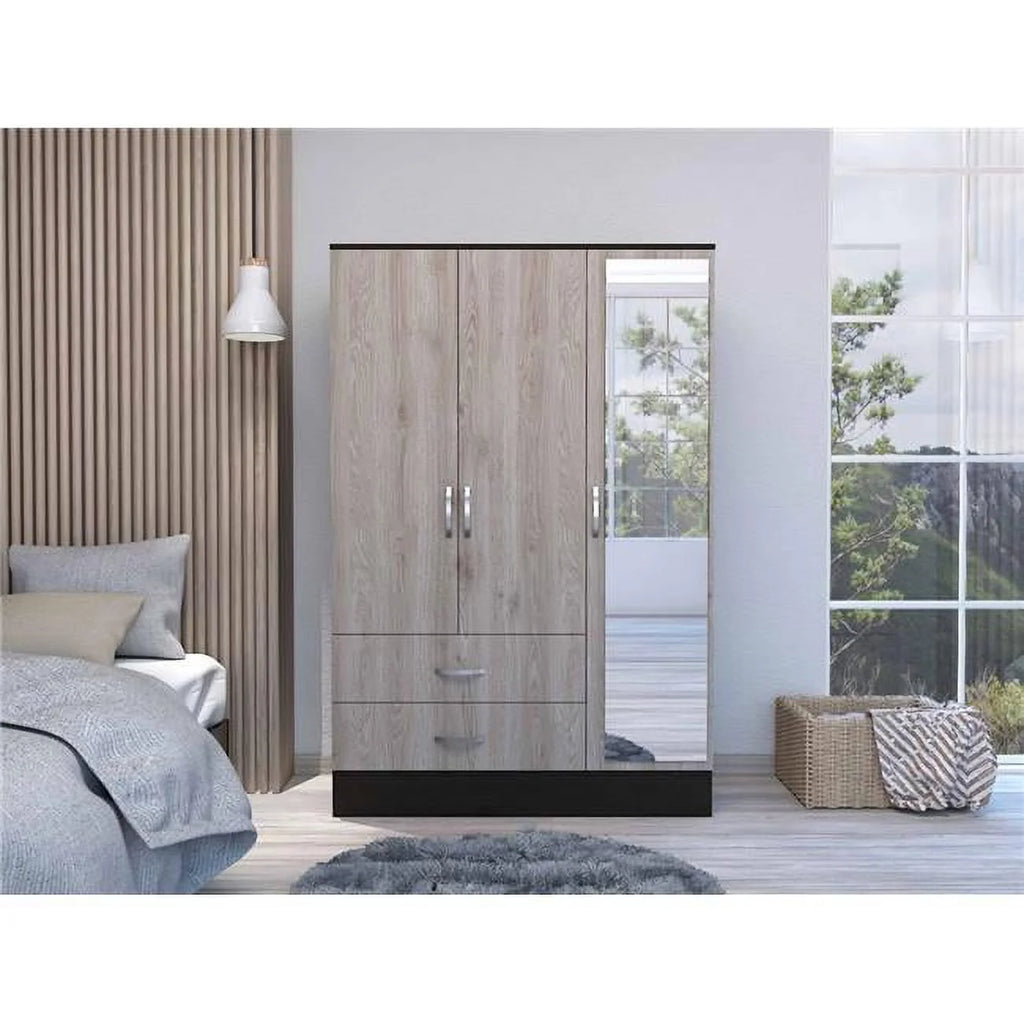 Light Oak Black Three Door Wardrobe Closet with Mirror S60394