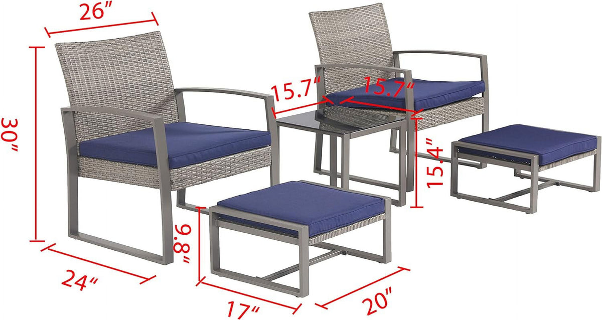 Blue 5 Piece PE Wicker Rattan Outdoor Bistro Set with Tempered Glass Coffee Table S678