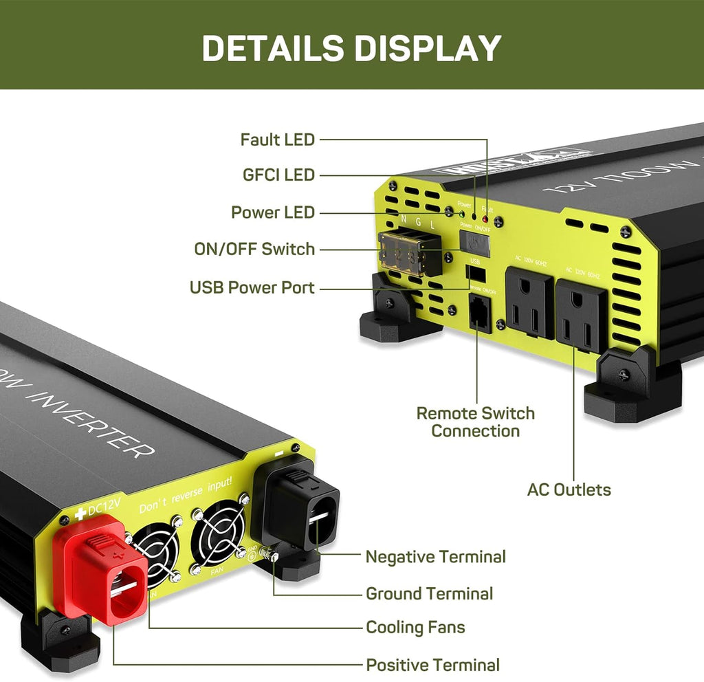 1100 Watt Power Inverter 12V DC to 120V AC Converter with Dual AC Outlets USB X100
