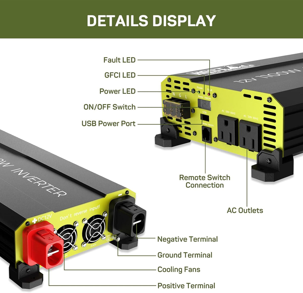 1100 Watt Power Inverter 12V DC to 120V AC Converter with Dual AC Outlets USB X100