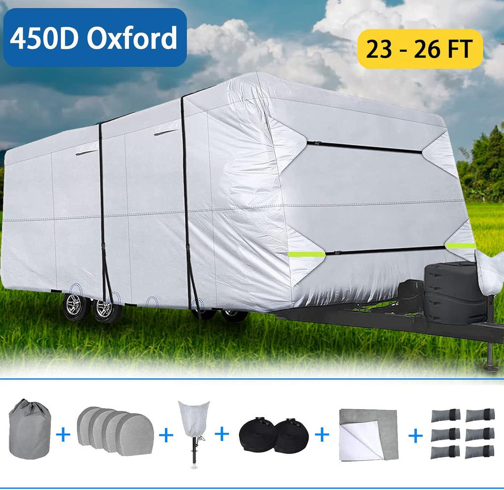 450D Double Oxford Cloth Travel Trailer RV Cover with Lashing Straps X221