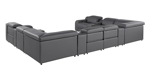 12-Piece Italian Leather Sectional Sofa Set with 4 Recliners, Light Gray S4759