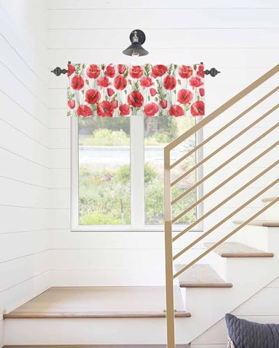 Watercolor Red Poppy Flower White Short Kitchen Curtains 54x18IN H1692