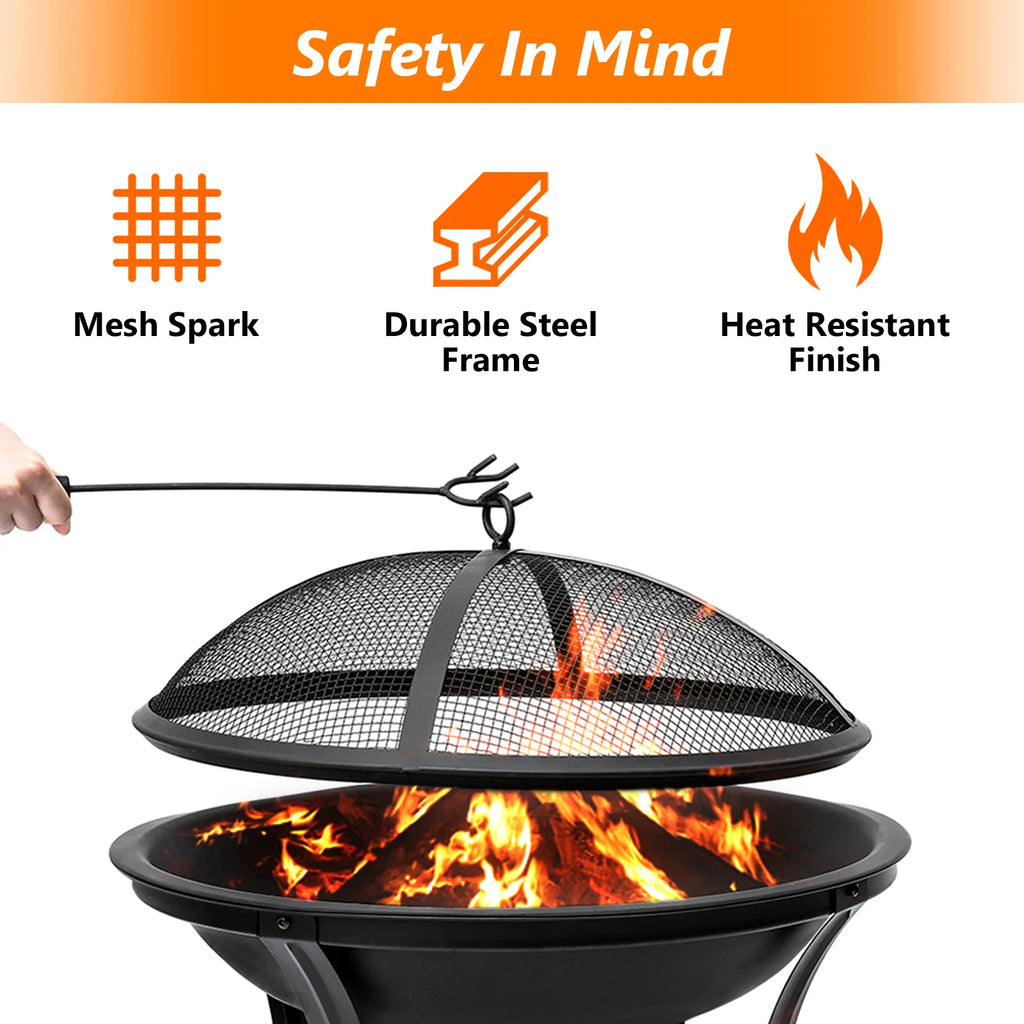 22 inch Portable Wood Burning Fire Pit Bowl with Spark Screen, Log Grate, Poker I238