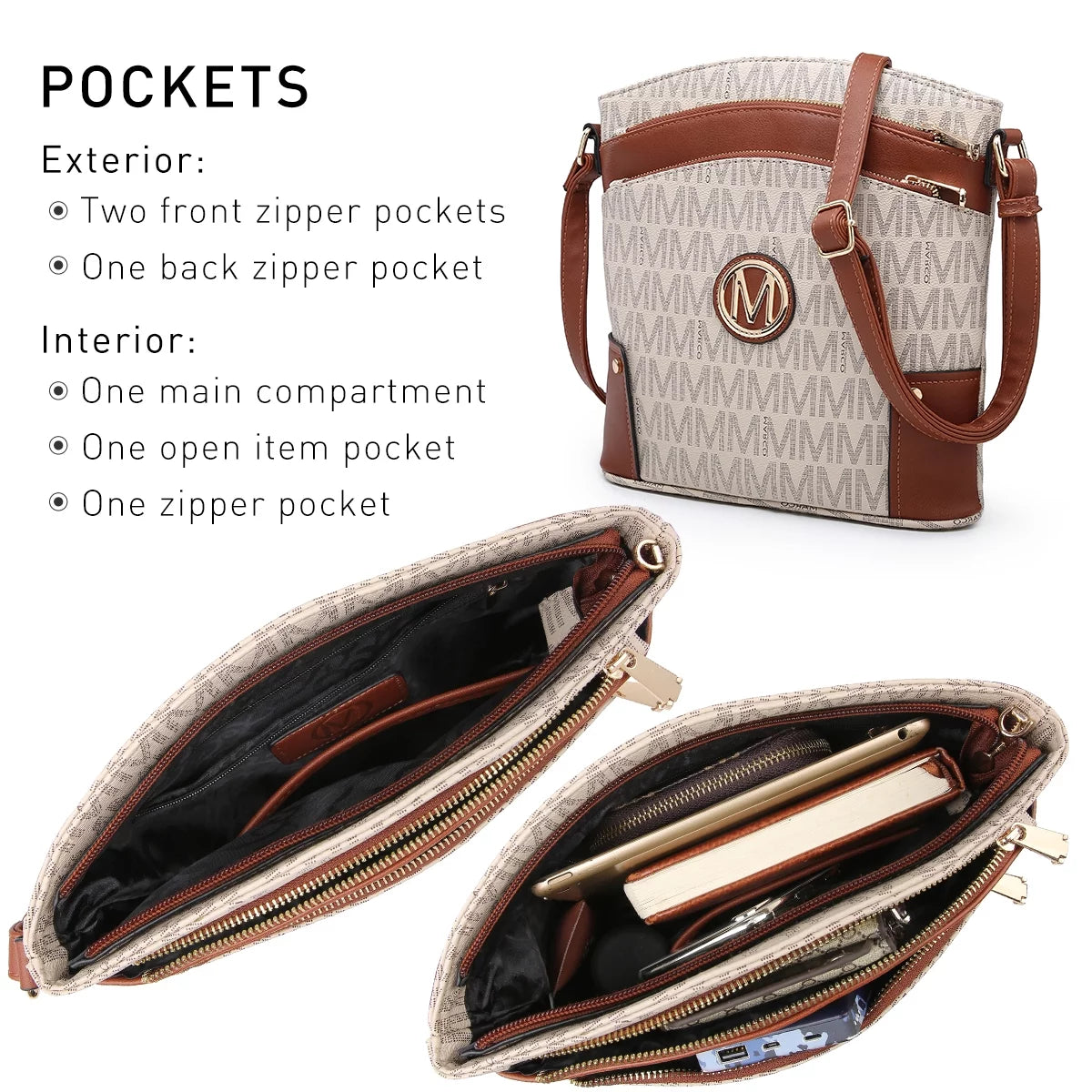 Large Triple Zip Pocket Crossbody Bag U361