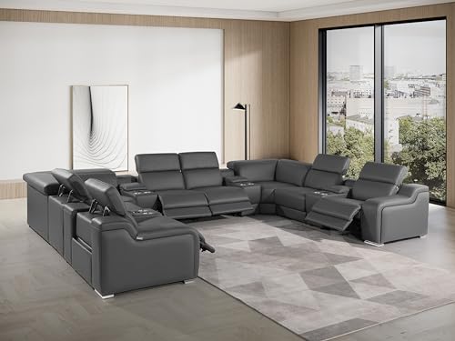 12-Piece Italian Leather Sectional Sofa Set with 4 Recliners, Light Gray S4759