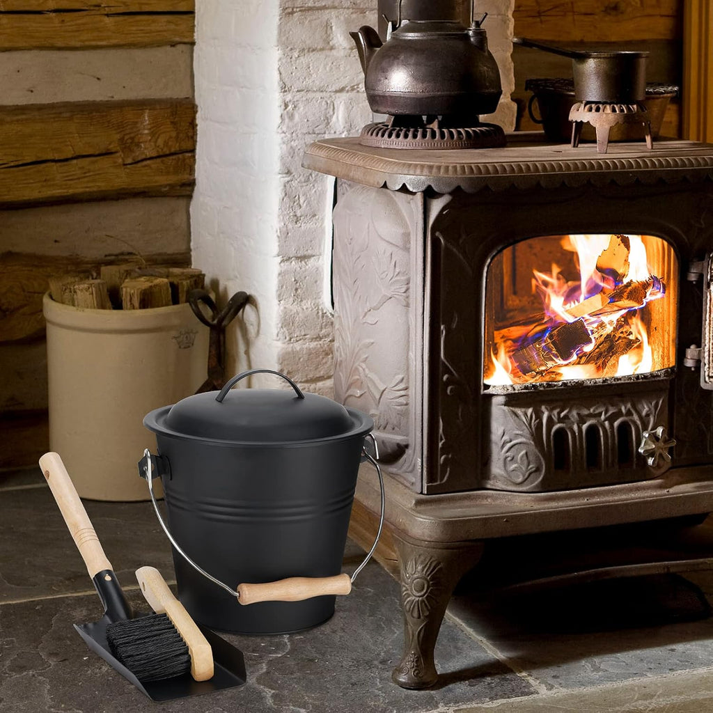 Mini Ash Bucket with Lid, 1.5-Gallon Pail with Shovel and Hand Broom, Metal Bucket Coal and Ash Carrier, Wood Pellet Storage Container, Tool set Accessories for Fireplace, Fire Pit, Wood Burning Stove Pack of 2 B928623